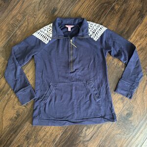 Lilly Pulitzer Skipper Popover Sweatshirt Half Zip Women’s XS Navy Blue Lace